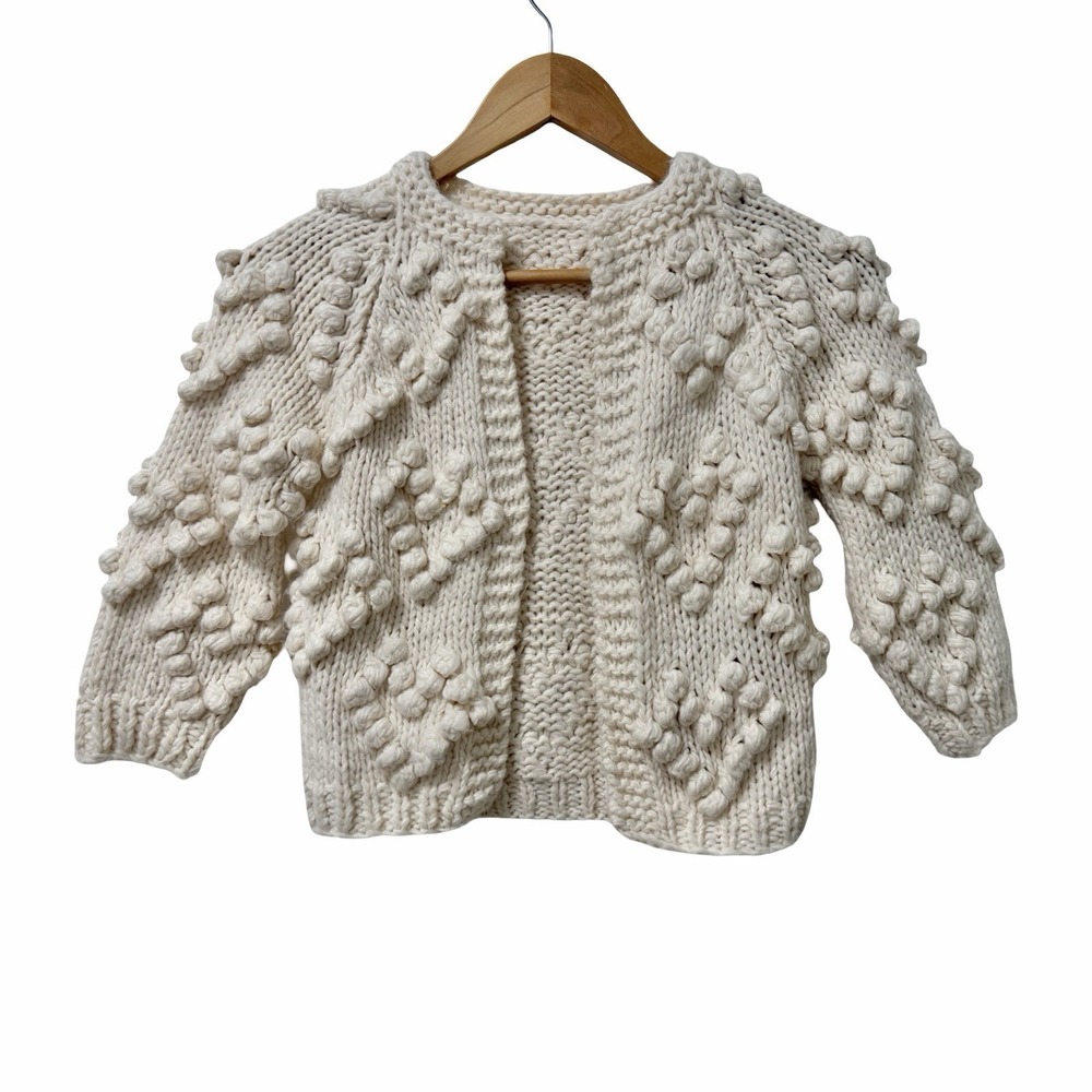Chicwish Knit Your Love Wool Bobble Cardigan Sweater Girls 5-6Y Ivory Open Front